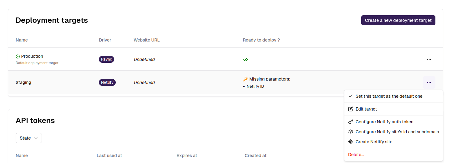 Deployment targets netlify section