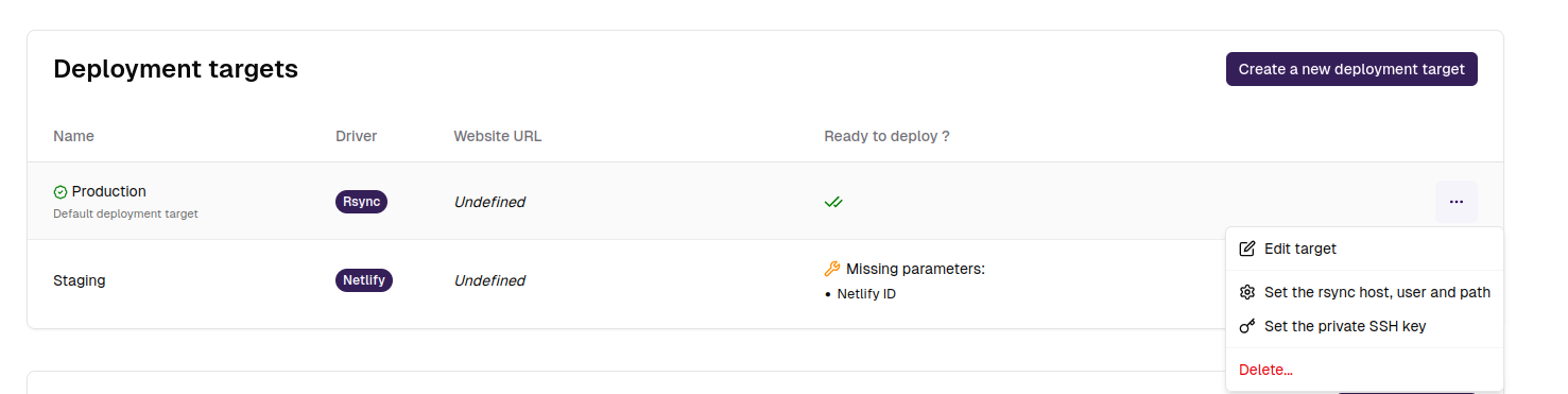 Deployment targets section